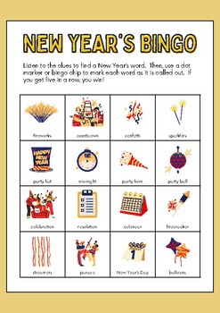 Preview of New Year Bingo Game for Speech Therapy in a Gold White Illustration