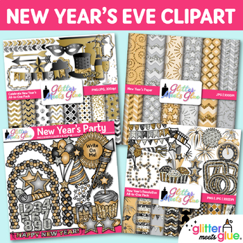 Preview of New Year Clipart Bundle: Digital Paper, Clip Art Transparent PNG Black & White