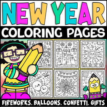 Preview of New Year Coloring Pages: Fireworks, Balloons, Confetti, Gifts, Party Hat, & More