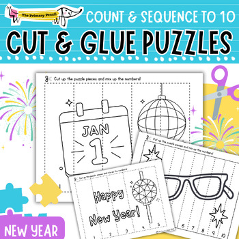 Preview of New Year Cut & Glue Number Puzzle Math Center | Counting & Cardinality 5-10