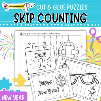 Preview of New Year Cut & Glue Number Puzzle Math Center | Skip Counting 2's, 5's, & 10's