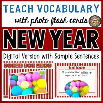 Preview of New Year's Digital Photo Flash Cards with Sample Sentences