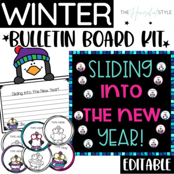 Preview of New Year January Bulletin Board and Editable Penguin Writing Craftivity