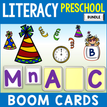 Preview of New Year Literacy Boom Cards Preschool Bundle - Party Hat