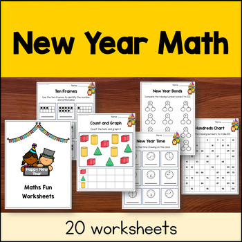 Preview of New Year Math Worksheets for 1st and 2nd Grade, No PREP, Color + BW
