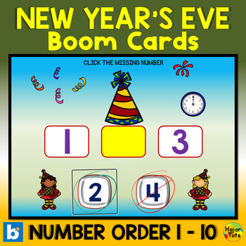 Preview of New Year's Eve Party Hat Math Boom Cards - Number Order 1 to 10