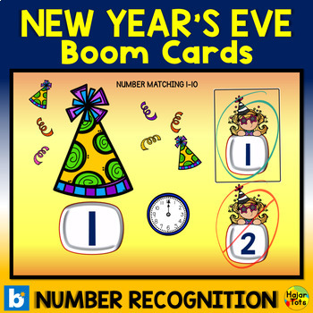 Preview of New Year Eve's Party Hat Math Boom Cards - Number Recognition 1 to 10