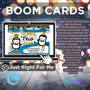 Preview of New Year  Pre Primer Dolch 40 Sight Words Boom Cards