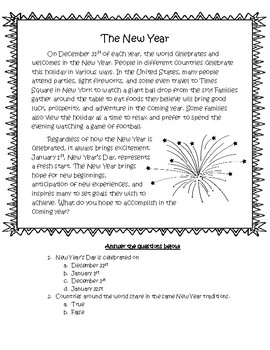 Preview of New Year Reading Comprehension Passage, Questions, and Writing Prompt