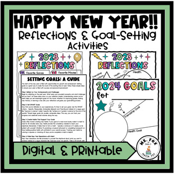 Preview of New Year Reading & Smart Goal Setting 2024 Resolutions Activity & Bulletin Board
