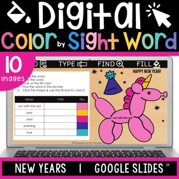 Preview of New Years 2024 Color by Sight Word Editable Typing Practice Google Slides
