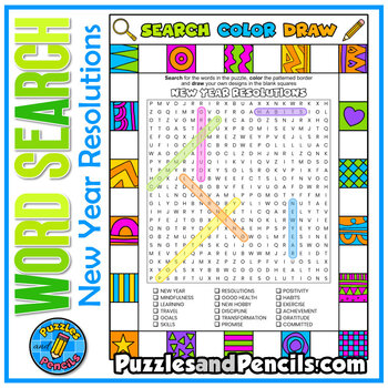 Preview of New Year Resolutions Word Search Puzzle with Coloring | Search, Color, Doodle