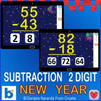 Preview of New Year Subtraction 2 Digit With and Without Regrouping Boom™ Cards