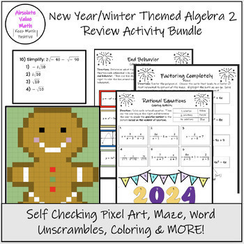 Preview of New Year Themed Algebra 2 Review Activity Bundle (Mazes, Pixel Art & MORE!)