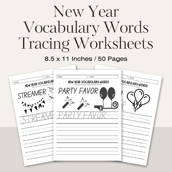 Preview of New Year Vocabulary Words Tracing Worksheets / Editable Canva Template