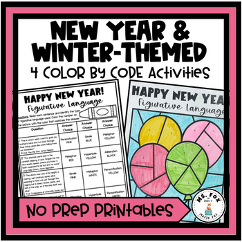 Preview of New Year & Winter Themed Color By Code ELA Review Activities
