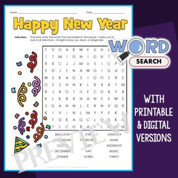 Preview of Easy New Year Word Search Puzzle 1st 2nd Grade Vocabulary Activity Worksheet