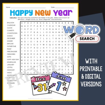 Preview of New Year Word Search Puzzle 2022 2nd 3rd Grade Vocabulary Activity Worksheet