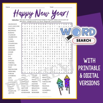 Preview of Hard New Year Word Search Puzzle 3rd 4th Grade Vocabulary Worksheet Activity