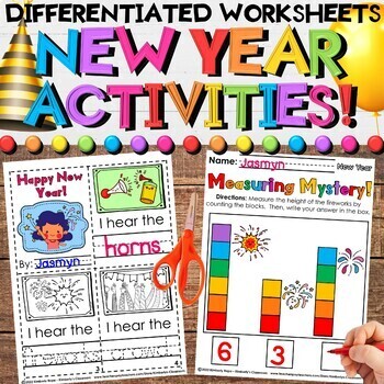 Preview of New Year 2024 Worksheets - Activities Pack with Math, Emergent Reader, & Writing