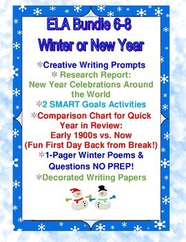 Preview of New Year and Winter 6-8 ELA BUNDLE Read-Aloud,Prompts,SMART Goals,Report,Poetry