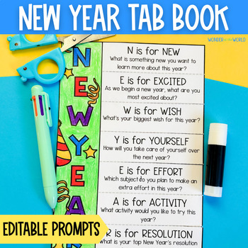 Preview of 2024 New Year reflections and setting goals activity foldable tab book editable
