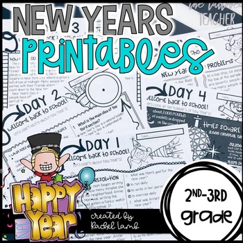 Preview of New Year's 2023 No Prep Printables Math and Literacy review for 2nd-3rd Grade