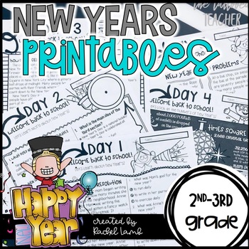 Preview of New Year's 2024 No Prep Printables Math and Literacy review for 2nd-3rd grade