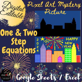 Preview of New Year's 2024 One & Two Step Equations Math Pixel Art Mystery Picture EDITABLE
