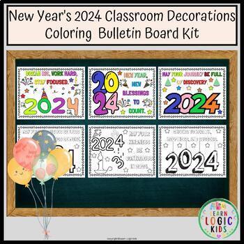 Preview of New Year's 2024 Classroom Decorations Coloring Bulletin Board Kit