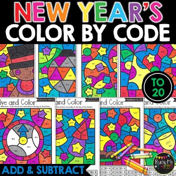 Preview of New Year's 2024 Color by Code Math Activities Addition and Subtraction to 20