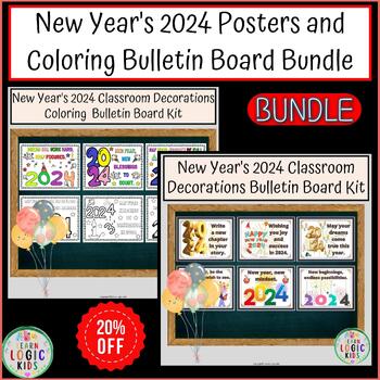Preview of New Year's 2024 Posters and Coloring Bulletin Board Bundle