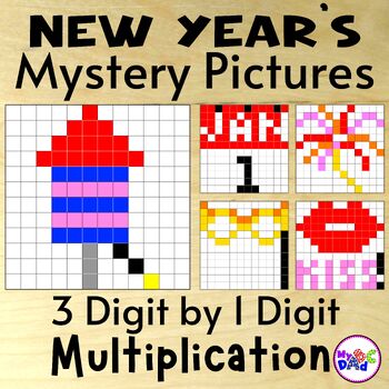 Preview of New Year's 3 Digit by 1 Digit Multiplication Color by Number Mystery Pictures