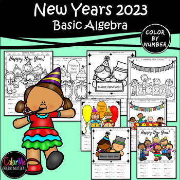 Preview of New Year's Activities 2023 | Basic Algebra Color by Number Worksheets