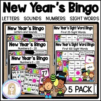 Preview of New Year's Bingo Games - Alphabet, Sounds, Numbers, Sight Words 5 Pack K, 1st Gr