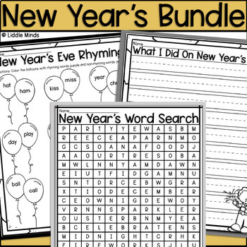 Preview of New Year's Bundle with Math, Language Arts, Writing, Art, and Puzzle Worksheets