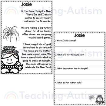 New Year's Reading Comprehension Passages and Questions by Teaching Autism