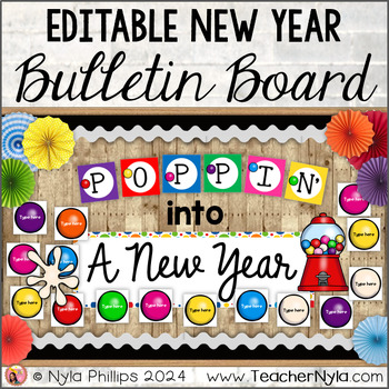 Preview of New Year's Day Bulletin Board 2024 | Poppin' Into A New Year | Gumball Bubblegum