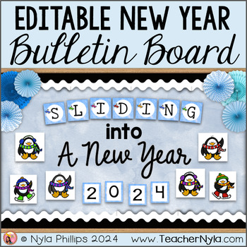 Preview of New Year's Day Bulletin Board 2024 | Sliding Into A New Year | Penguin Theme