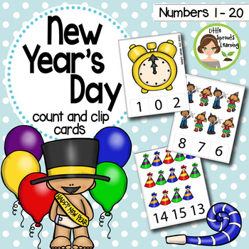 Preview of New Year's Day Count and Clip cards (Numbers 1-20) plus worksheets