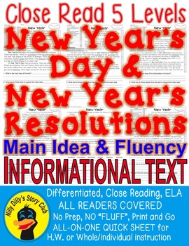 Preview of New Year's Day & Resolution CLOSE READ 5 LEVELS "NO FLUFF Main Idea Fluency TDQs