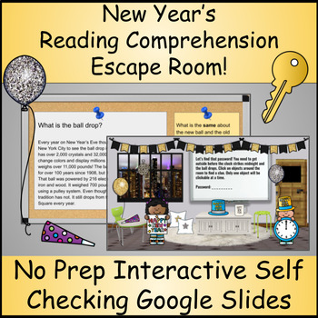 Preview of New Year's Digital Reading Comprehension Escape Room Grades 3-5 Google Slides