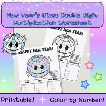 Preview of New Year's Disco Double Digit Multiplication Color by Number Worksheet