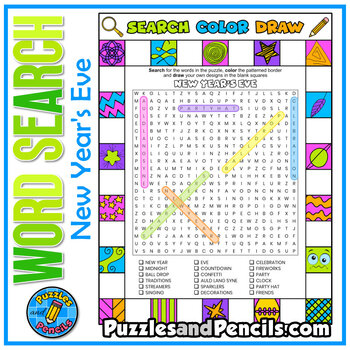 Preview of New Year's Eve Word Search Puzzle with Coloring | Search, Color, Doodle