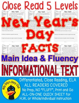 Preview of New Year's FACTS Close Read 5 levels ALL-READERS-COVERED Main Idea Fluency