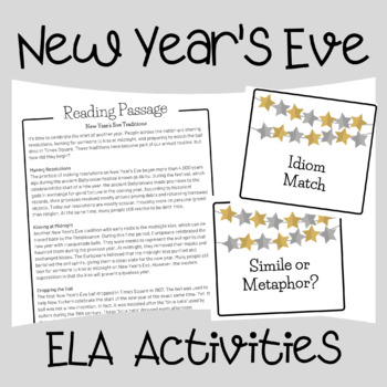 Preview of New Year's Eve Reading Comprehension Passage and Figurative Language Center