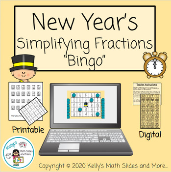 Preview of New Year's Fractions Bingo Game - Digital and Printable