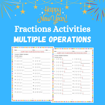 Preview of New Year's Fractions Multiple Operations - No Prep Math Worksheet