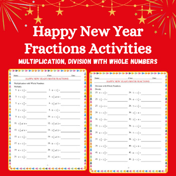 Preview of New Year's Fractions Multiplication, Division With Whole Number Mystery Activity
