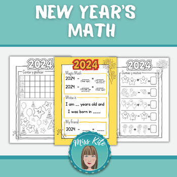 Preview of New Year's Math 2024 Low Prep Color and BW English and Spanish